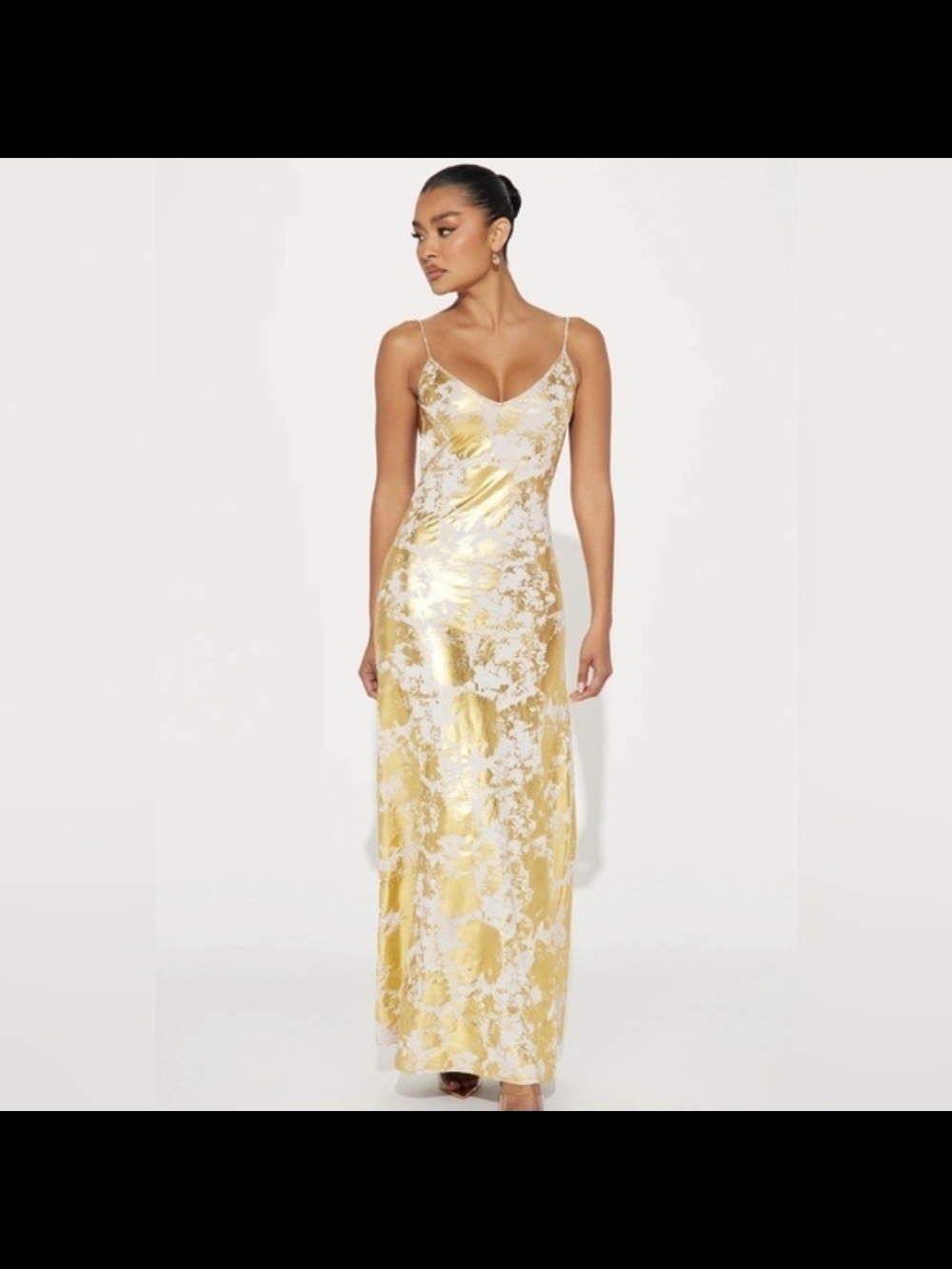 Commense Backless Gold Floral Satin Slip Maxi Dress